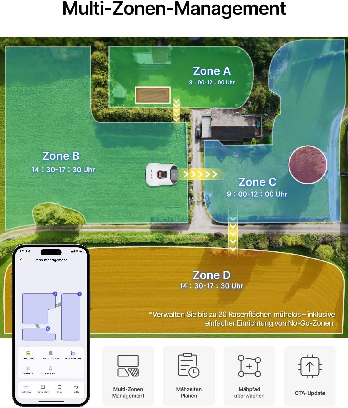 Zarządzanie robotem koszącym z czterema strefami A, B, C, D i aplikacją mobilną.
