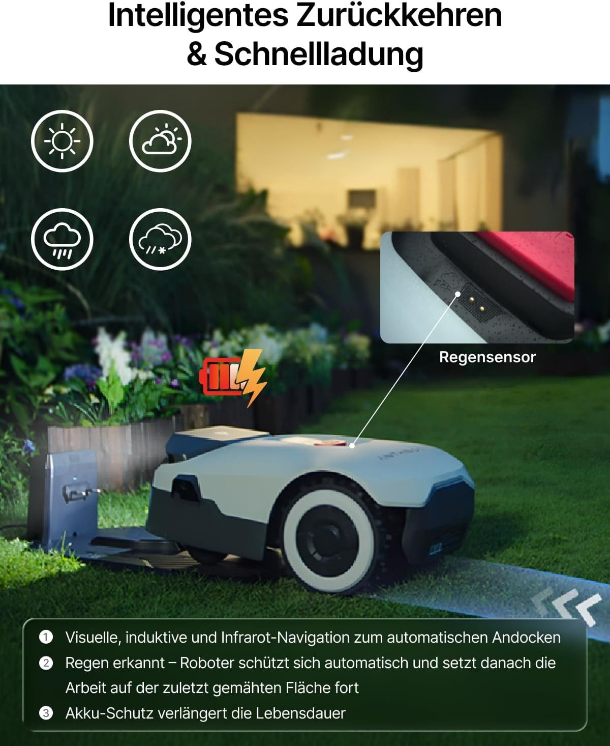 Robot koszący wraca do stacji ładowania, czujnik deszczu aktywny.