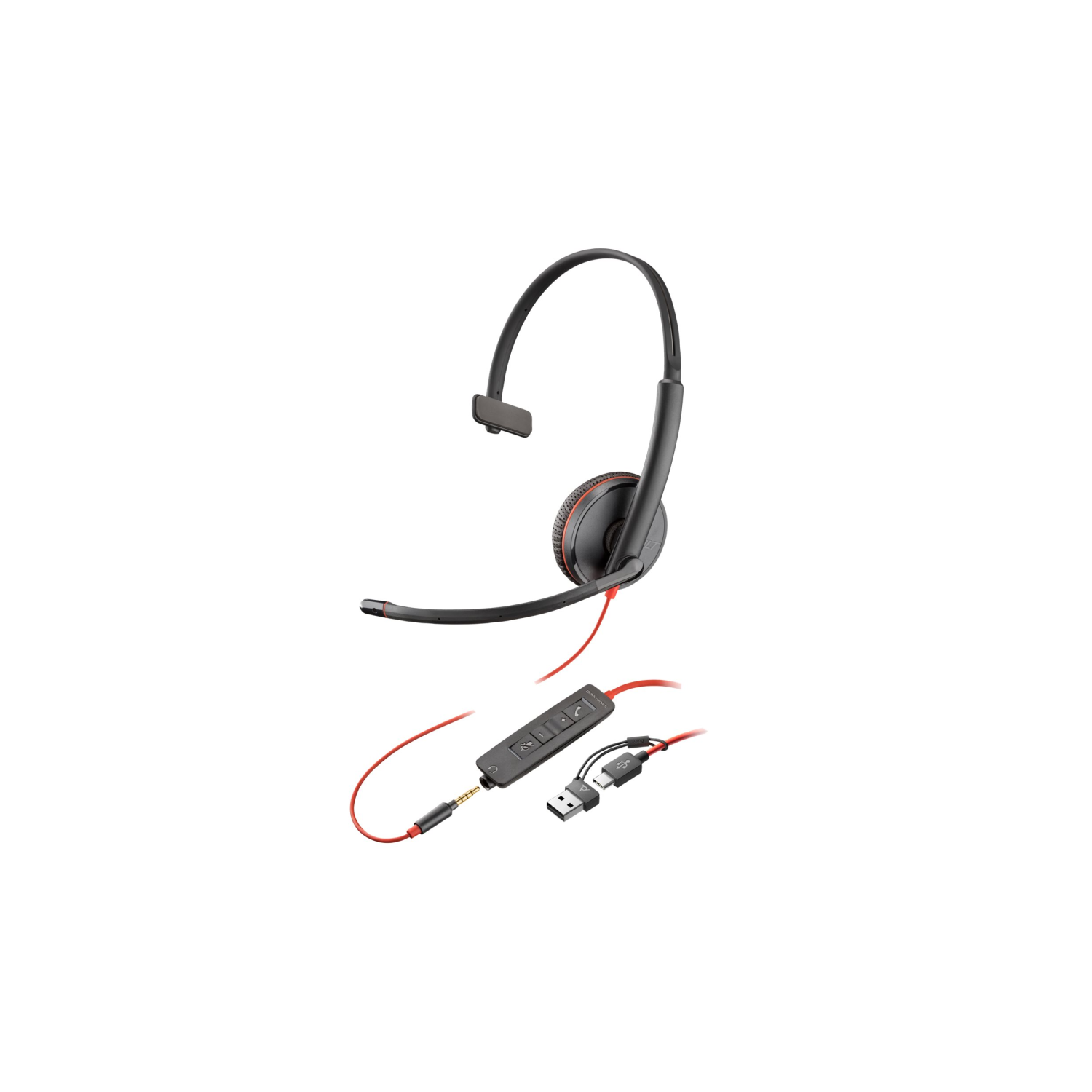 Un auricolare nero con microfono e cavo rosso che porta a un adattatore USB.