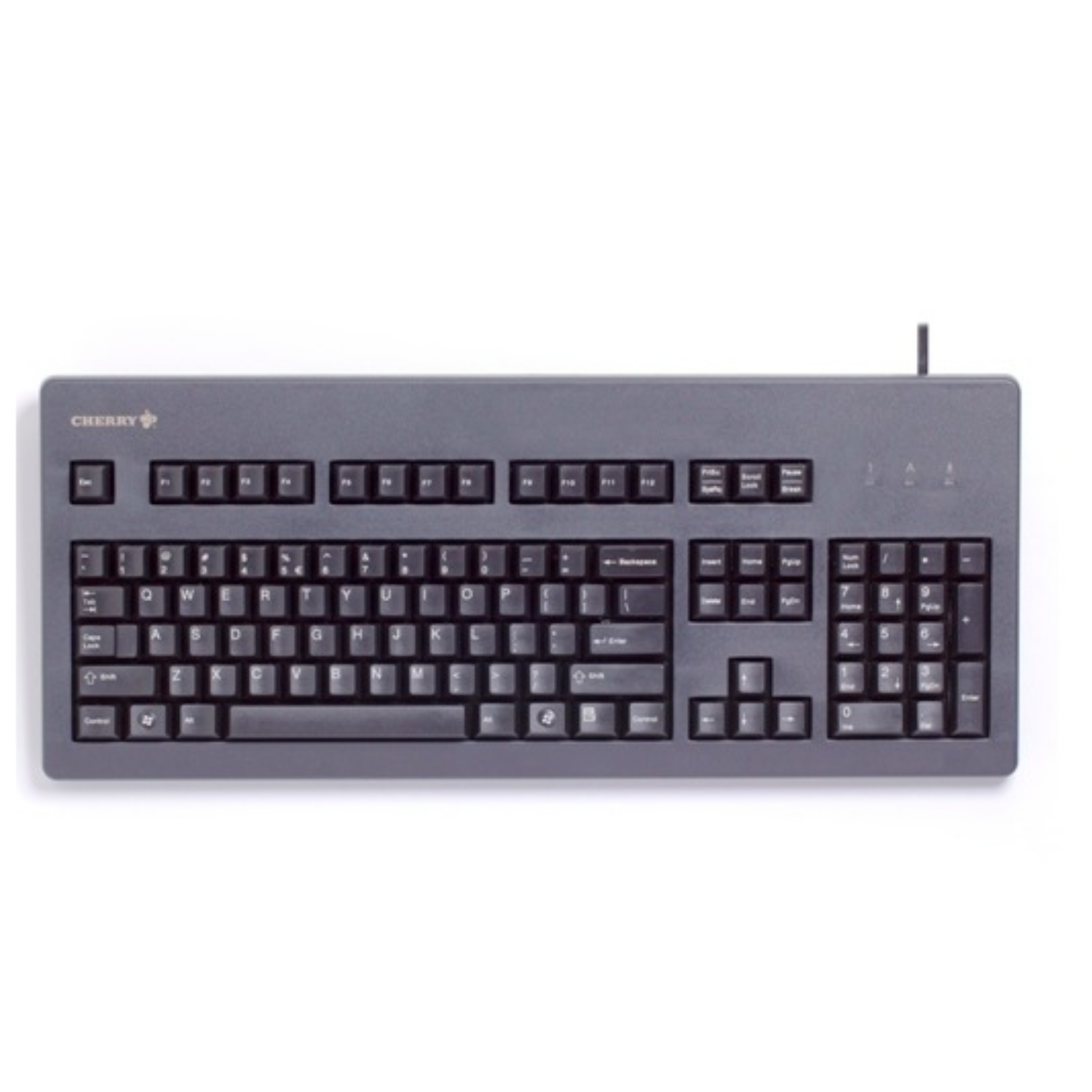 Una tastiera Cherry grigia con tastierino numerico e layout QWERTZ.