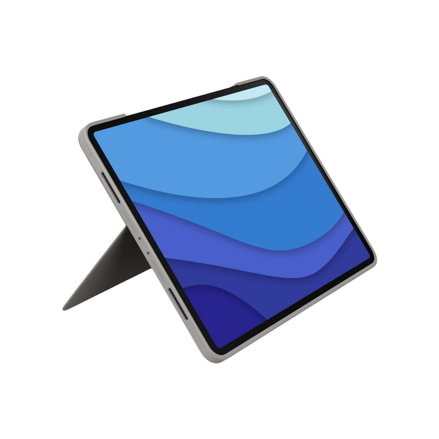 Tablet z szarą podstawką i niebieskim, falistym tłem.