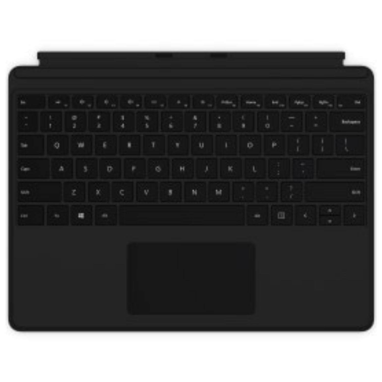 Tastiera nera con touchpad, angoli arrotondati, su sfondo bianco.