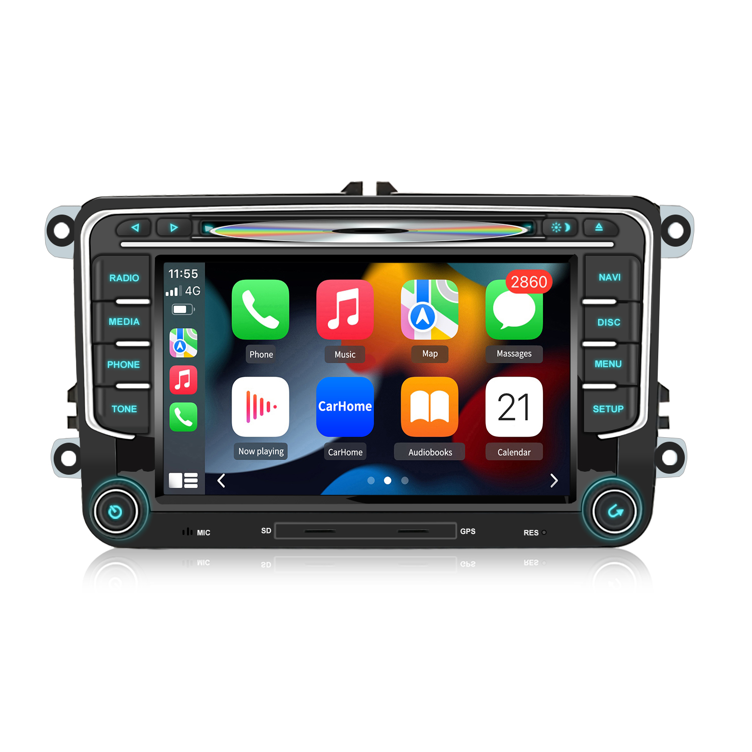 Sistema di infotainment per auto con display touchscreen che mostra icone di app.