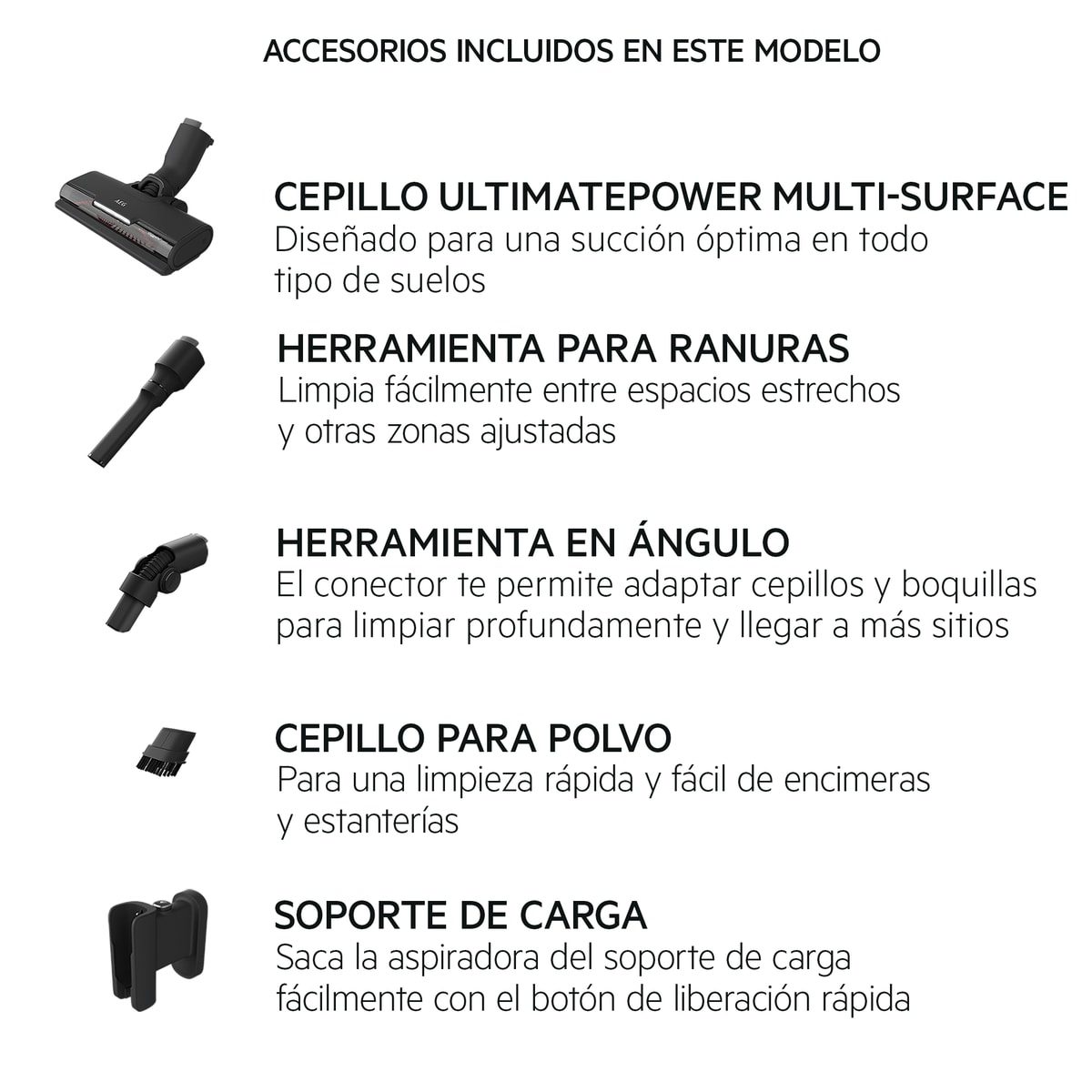 Un cabezal de aspiradora, una boquilla estrecha, una herramienta angular, un cepillo y una base.