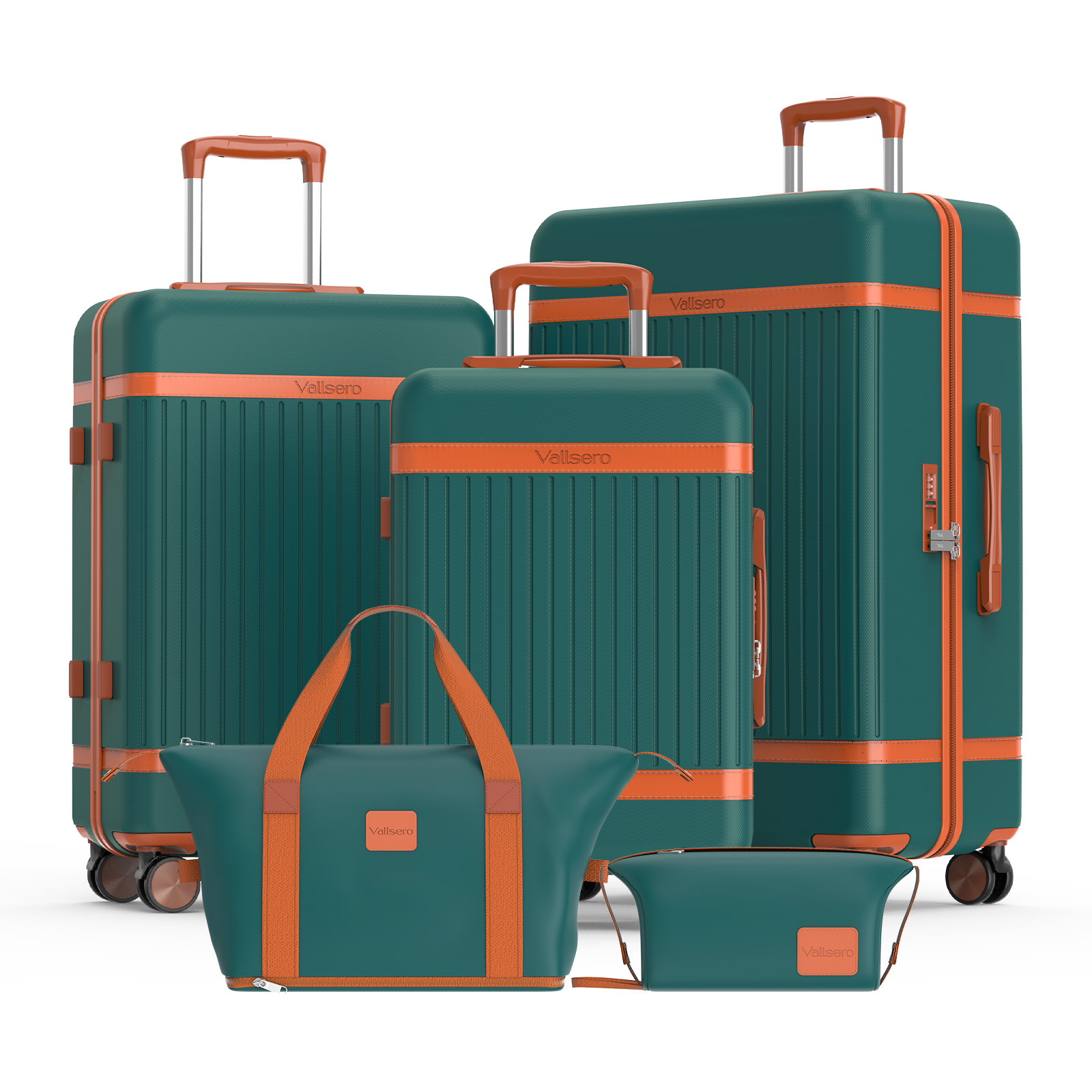 Cztery turkusowe walizki z pomarańczowymi wykończeniami i uchwytami na białym tle.