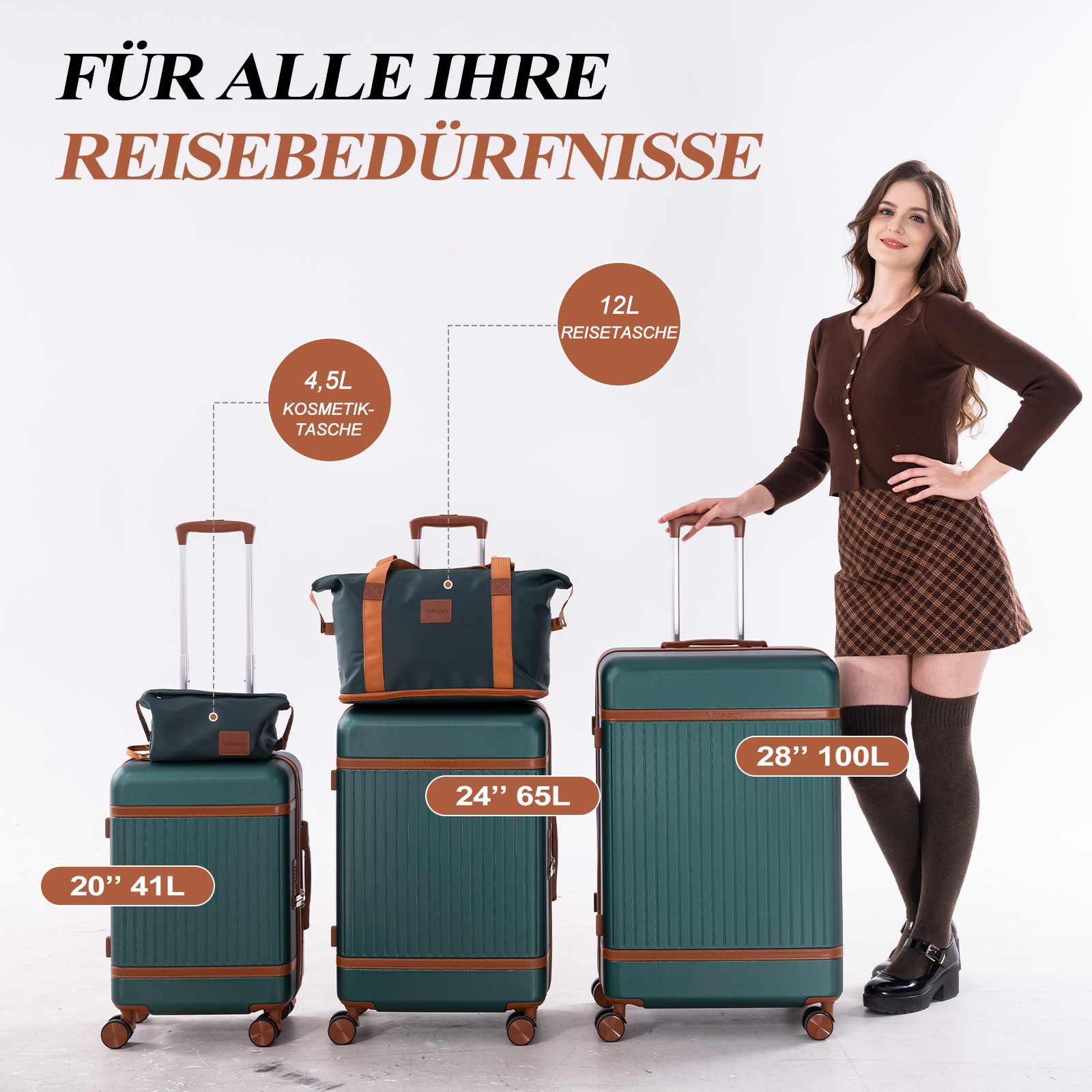 Grüne Koffer und Taschen in verschiedenen Größen, mit einer Frau.