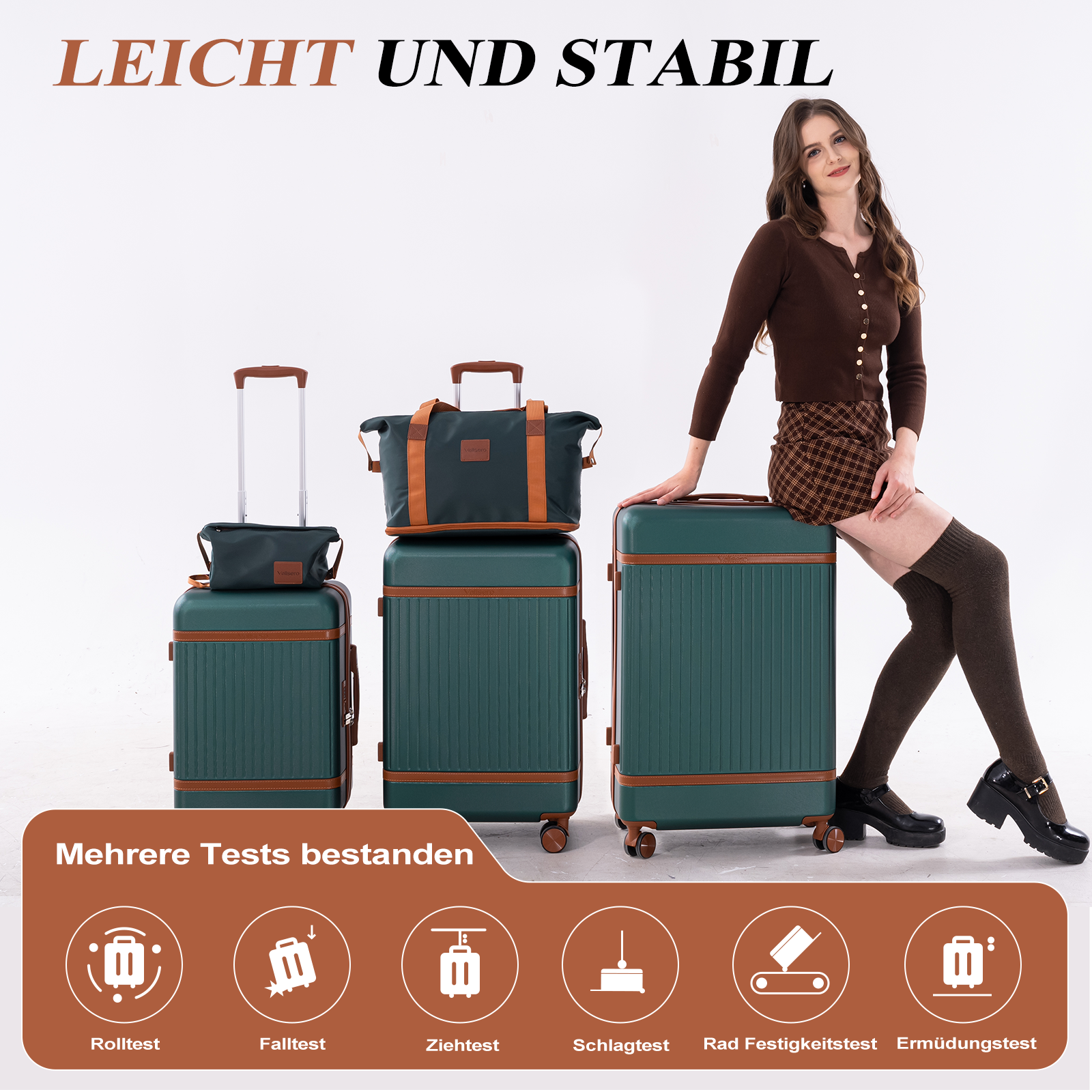 Frau sitzt auf Koffer. Mehrere Koffer und Reisetaschen sind zu sehen.