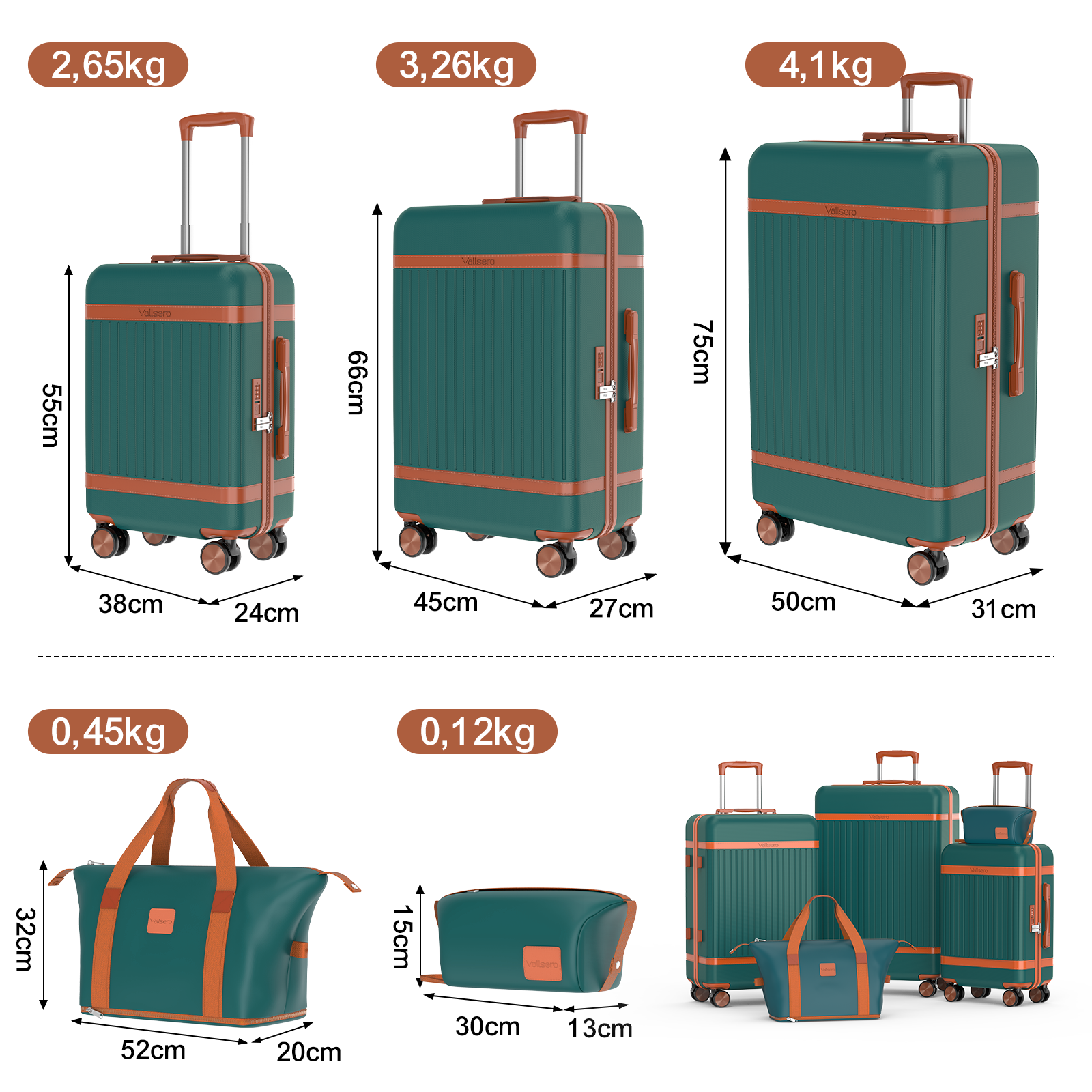 Zielone walizki i torby w różnych rozmiarach z brązowymi akcentami.