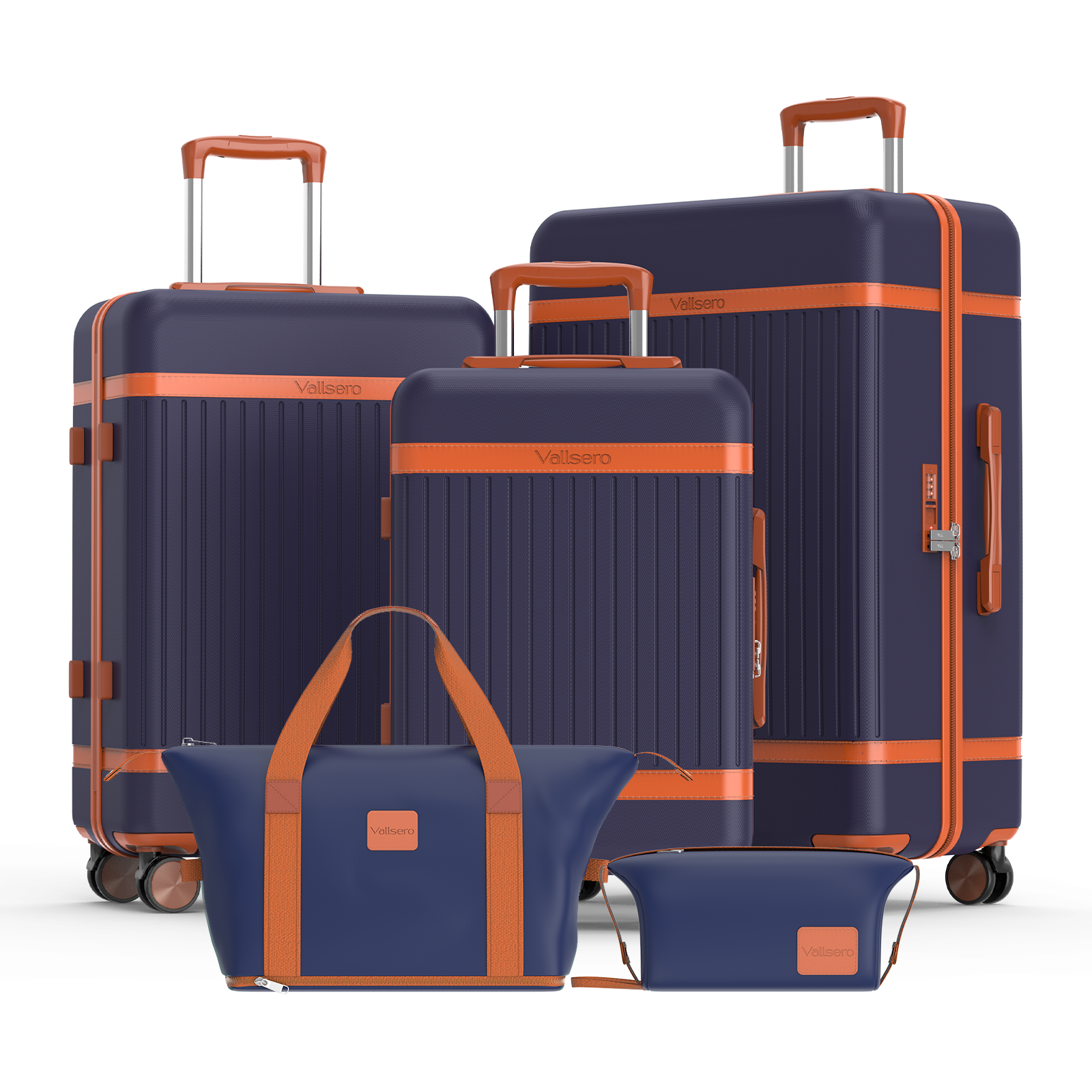 Cztery granatowe walizki z pomarańczowymi detalami i uchwytami. Dwie duże, jedna średnia, jedna mała.