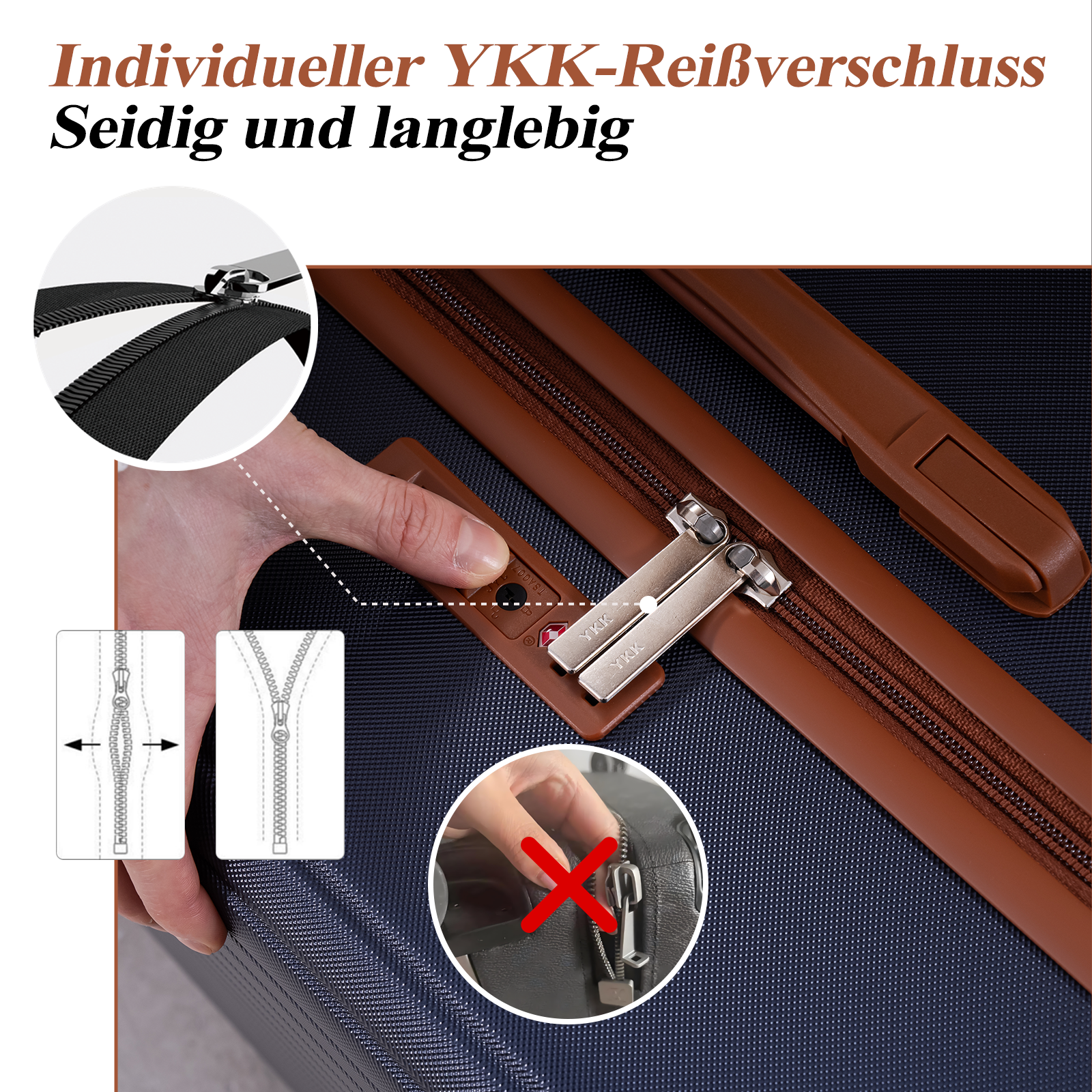 Detailansicht eines Koffers mit braunen Lederakzenten und YKK-Reißverschlüssen.
