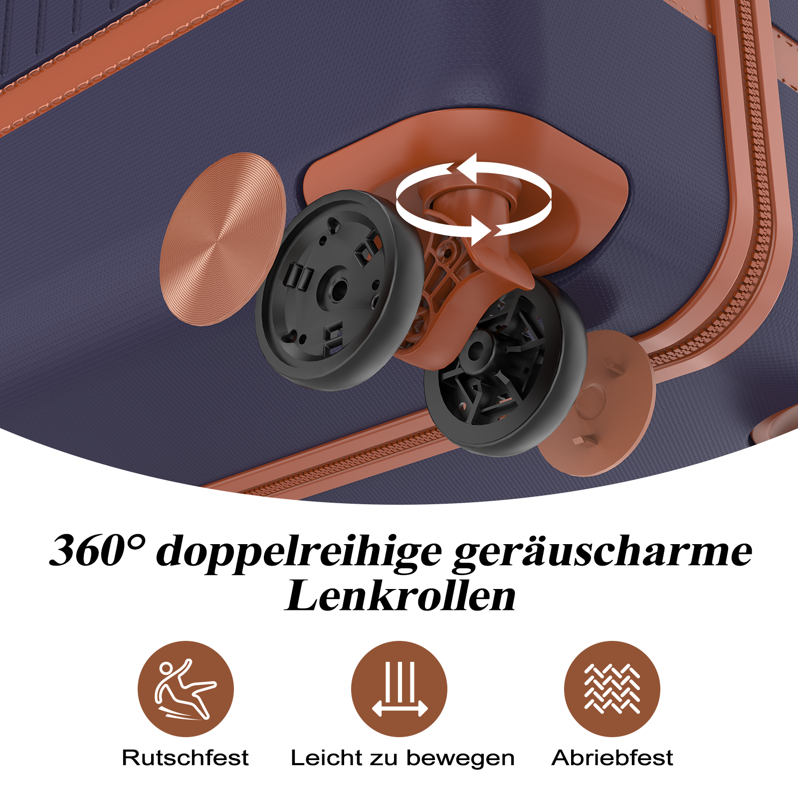 Ein Koffer mit zwei 360-Grad-Rollen, die sich leicht drehen lassen.