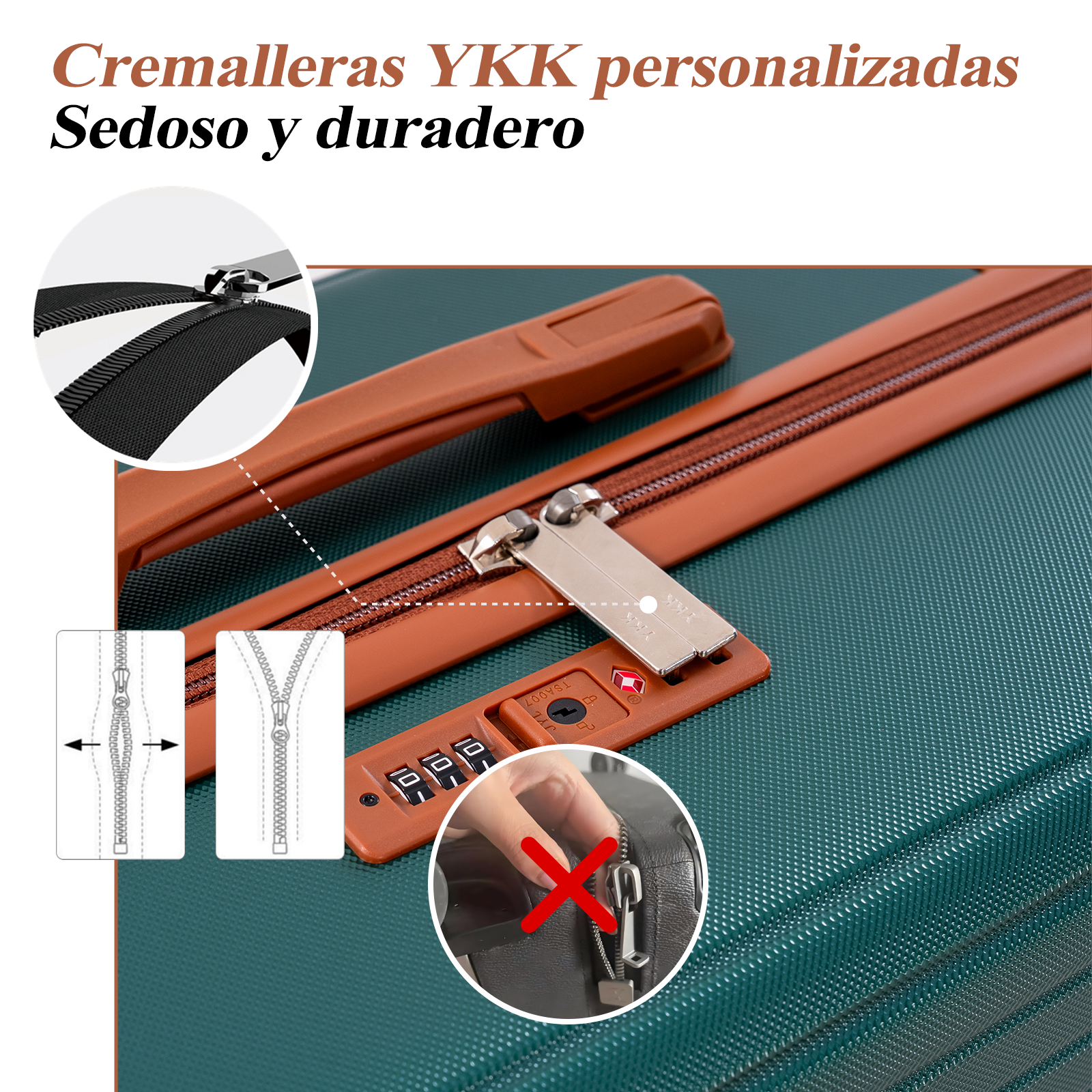 Primer plano de una maleta verde con cremalleras marrones y candado TSA.