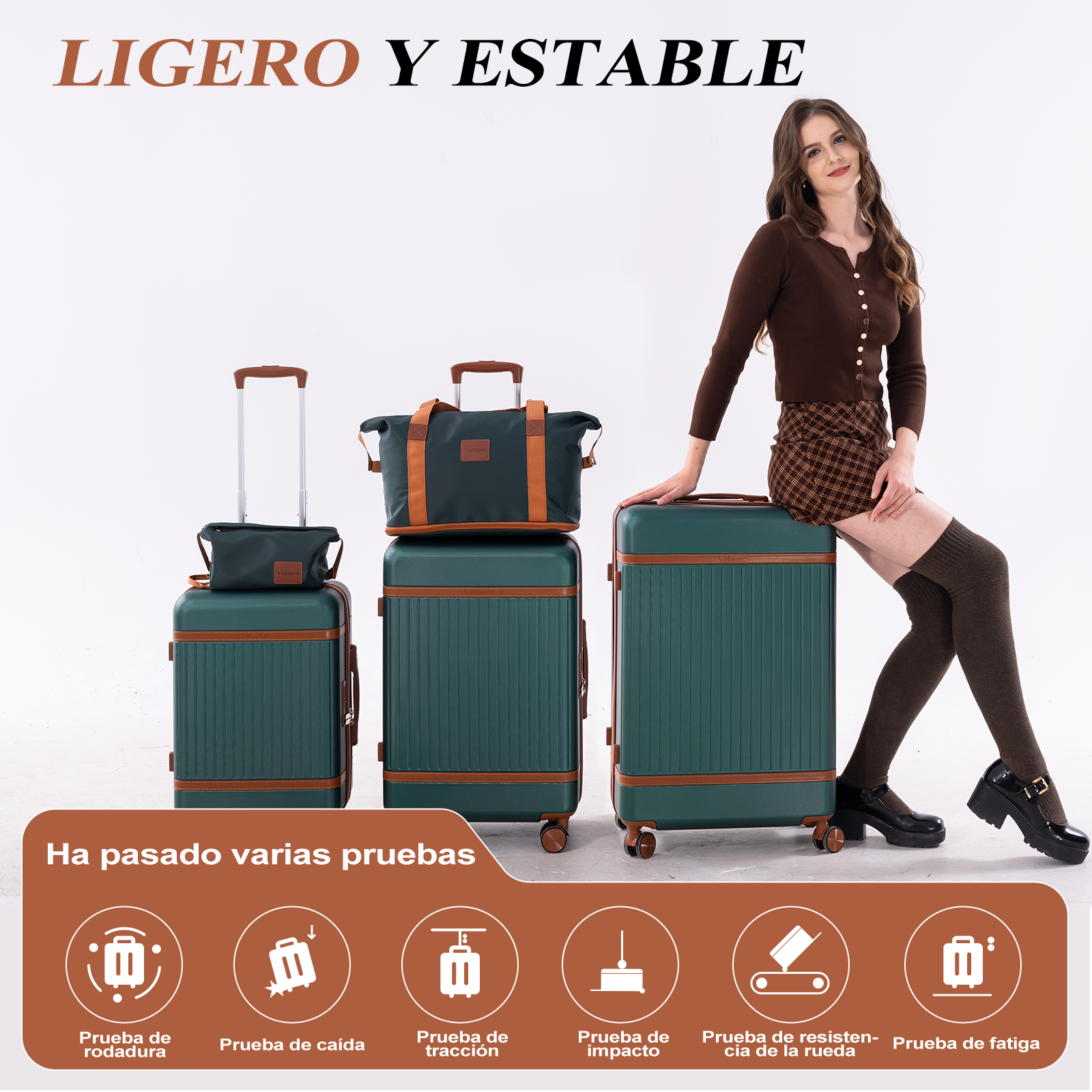 Mujer sentada en equipaje junto a bolsas. Se muestra "Ligero y Estable".