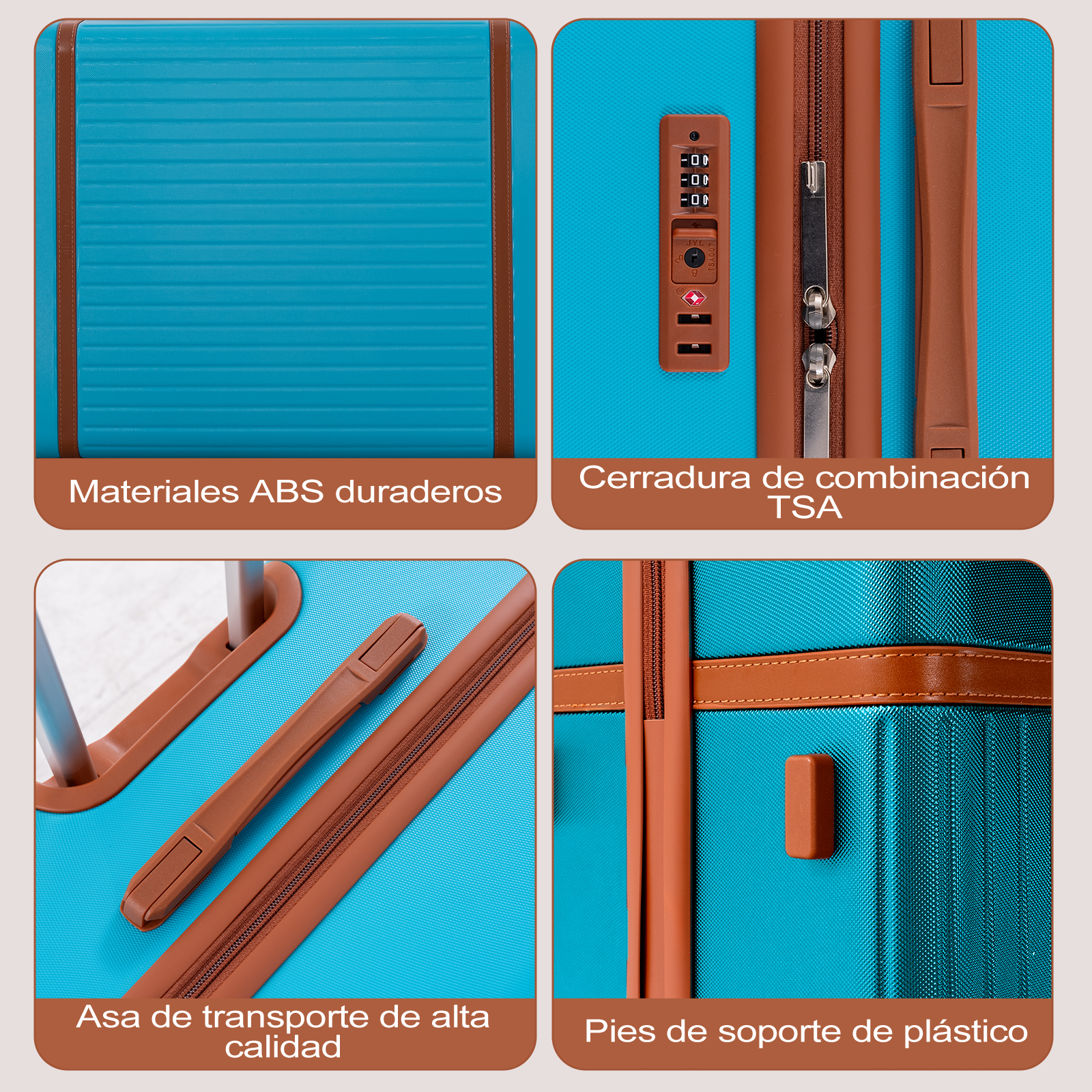 Maleta turquesa con ribetes marrones, candado TSA y pies.