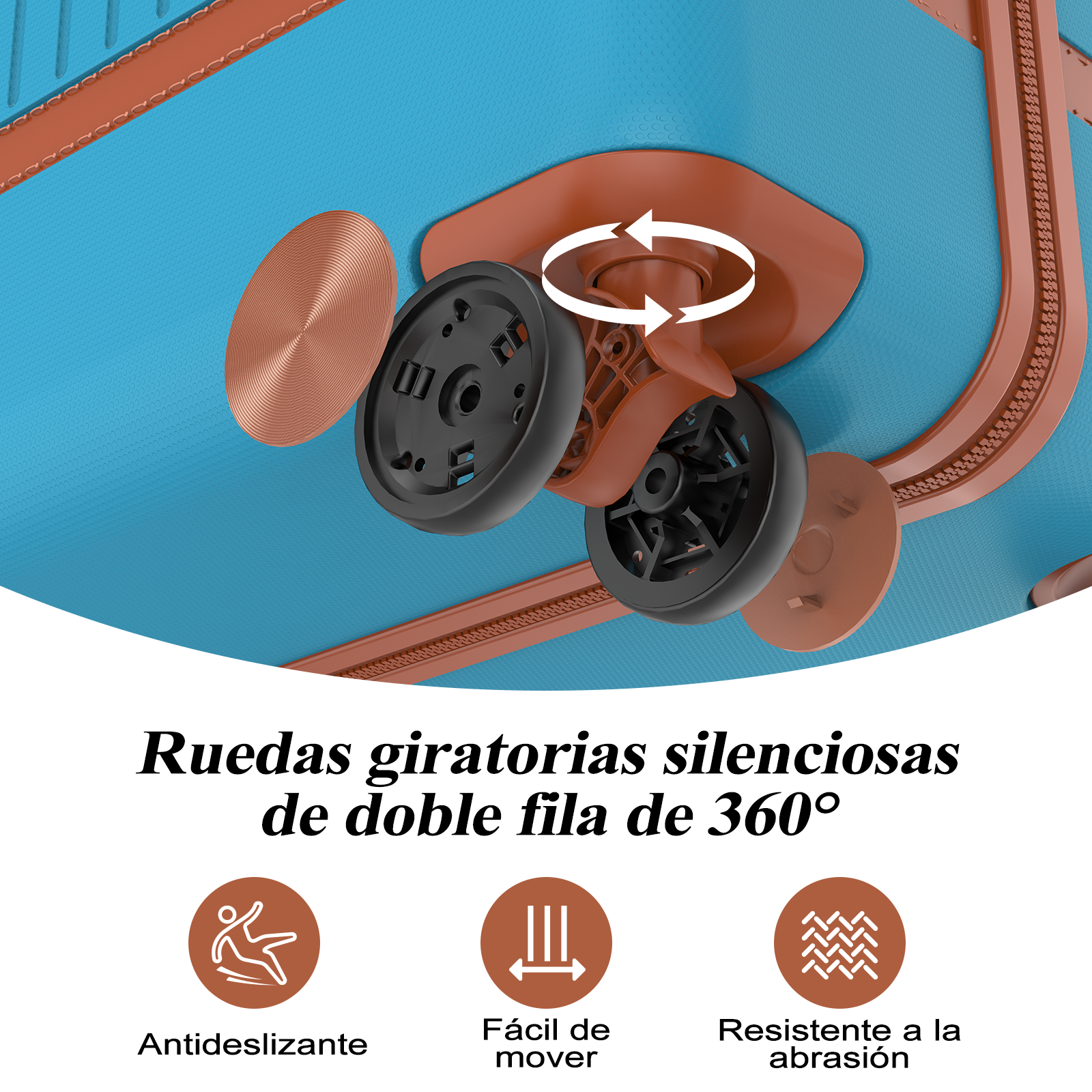 Primer plano de ruedas con giro 360°, antideslizantes y resistentes a la abrasión.