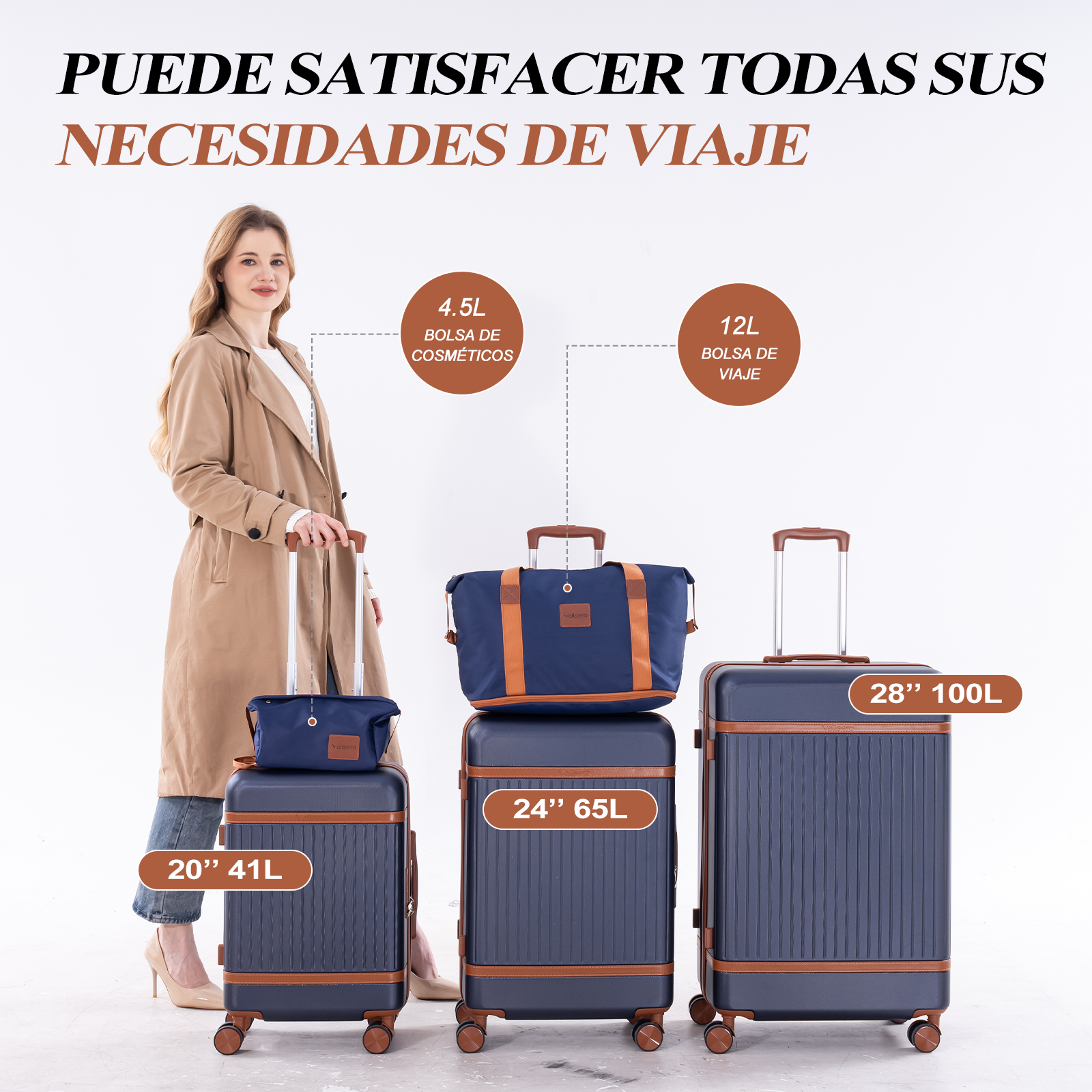 Una mujer está junto a tres maletas azules y un bolso de viaje.
