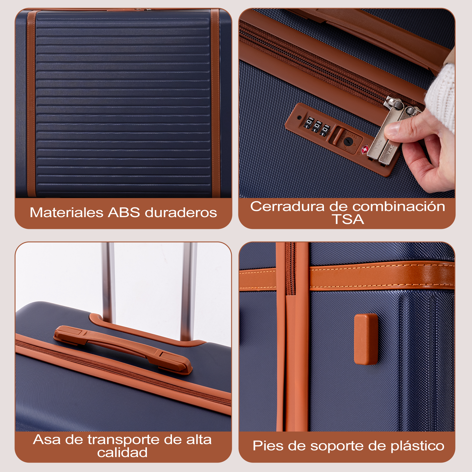 Maleta azul marino con detalles marrones: material ABS, candado TSA, asa y pies.