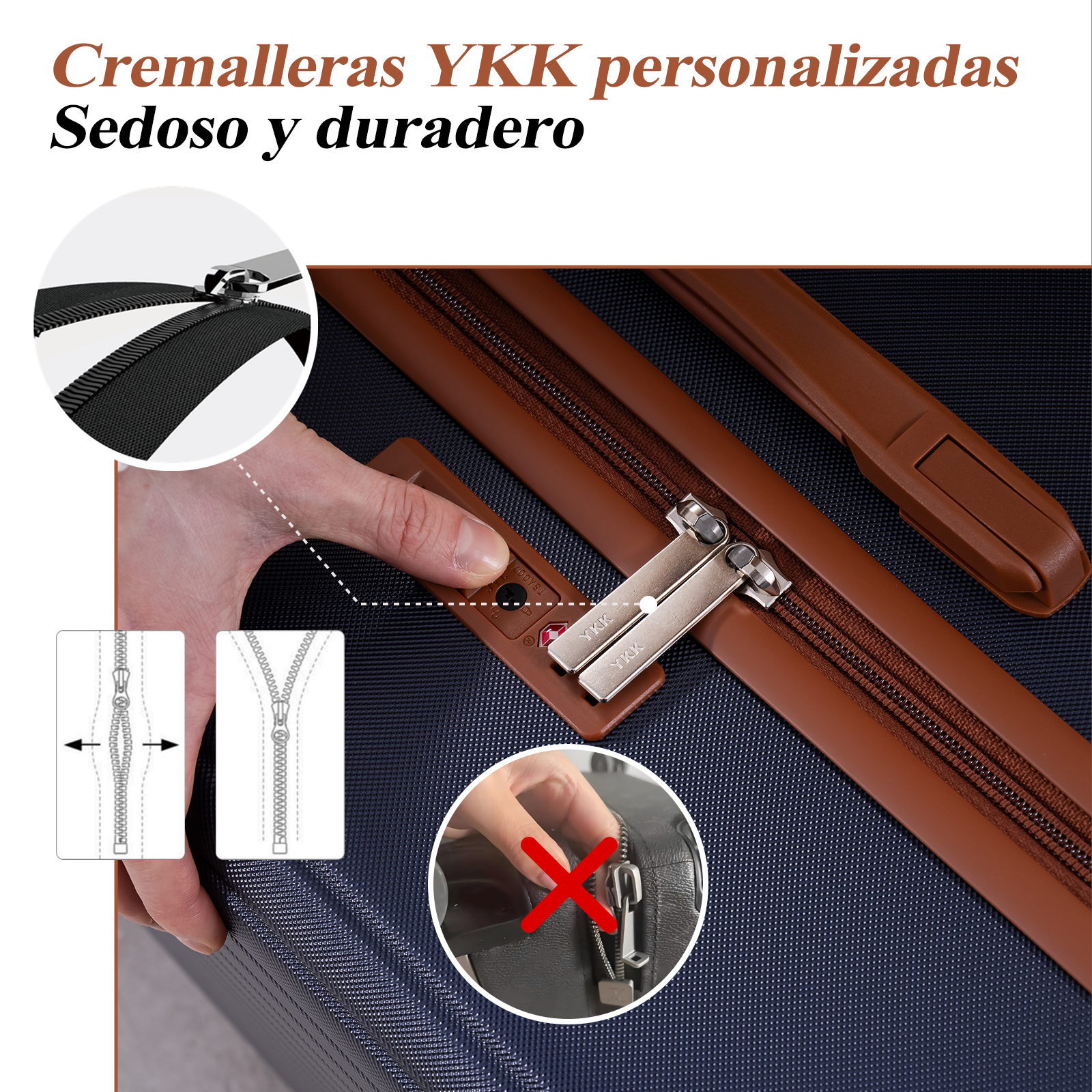 Primer plano de una maleta azul con detalles de cuero marrón y cremalleras YKK.