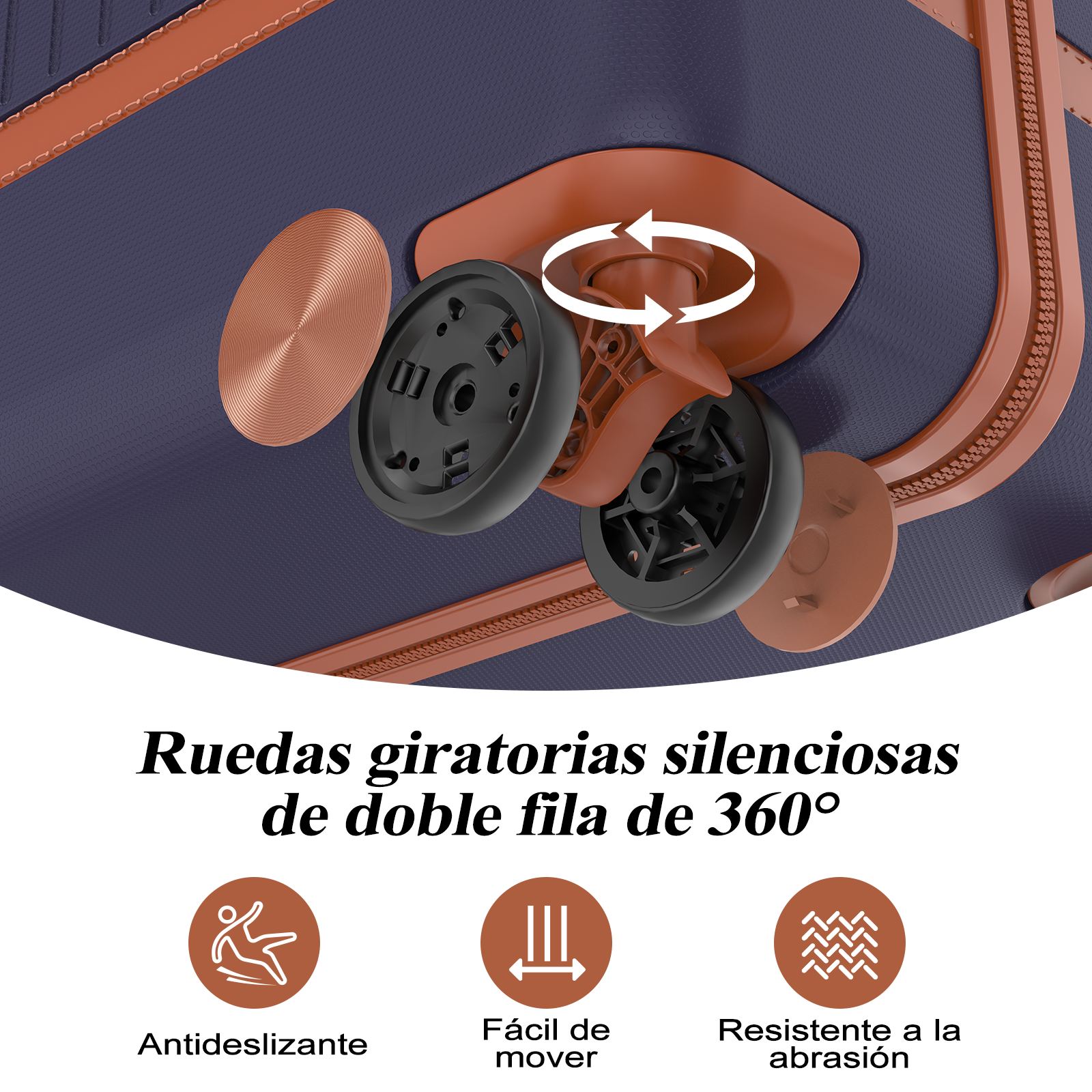 Primer plano de una maleta azul oscuro con ruedas y cremallera marrones.