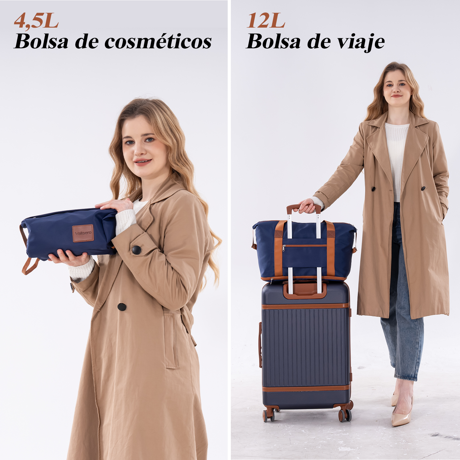 Mujer con neceser y maleta azul marino con detalles marrones.