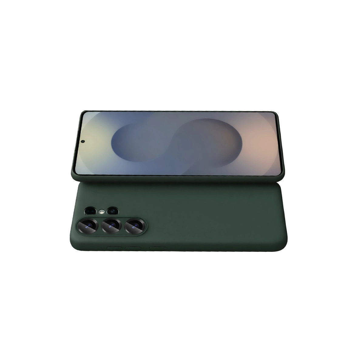 Arkada üç kamera lensi bulunan koyu yeşil akıllı telefon, beyaz zeminde.