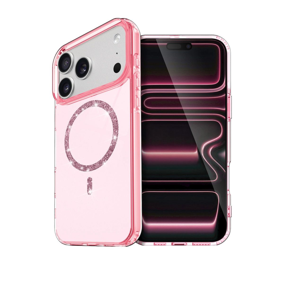 Simli halkalı ve MagSafe sembollü pembe iPhone kılıfı.