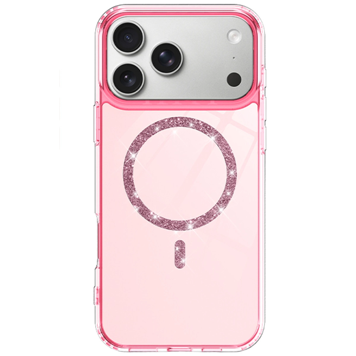 Simli halkalı ve kamera lensli şeffaf pembe telefon kılıfı.