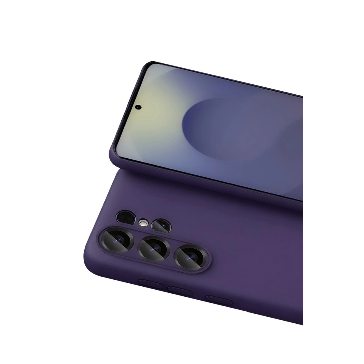 Kamera lensli ve ekranlı mor telefon kılıfı.