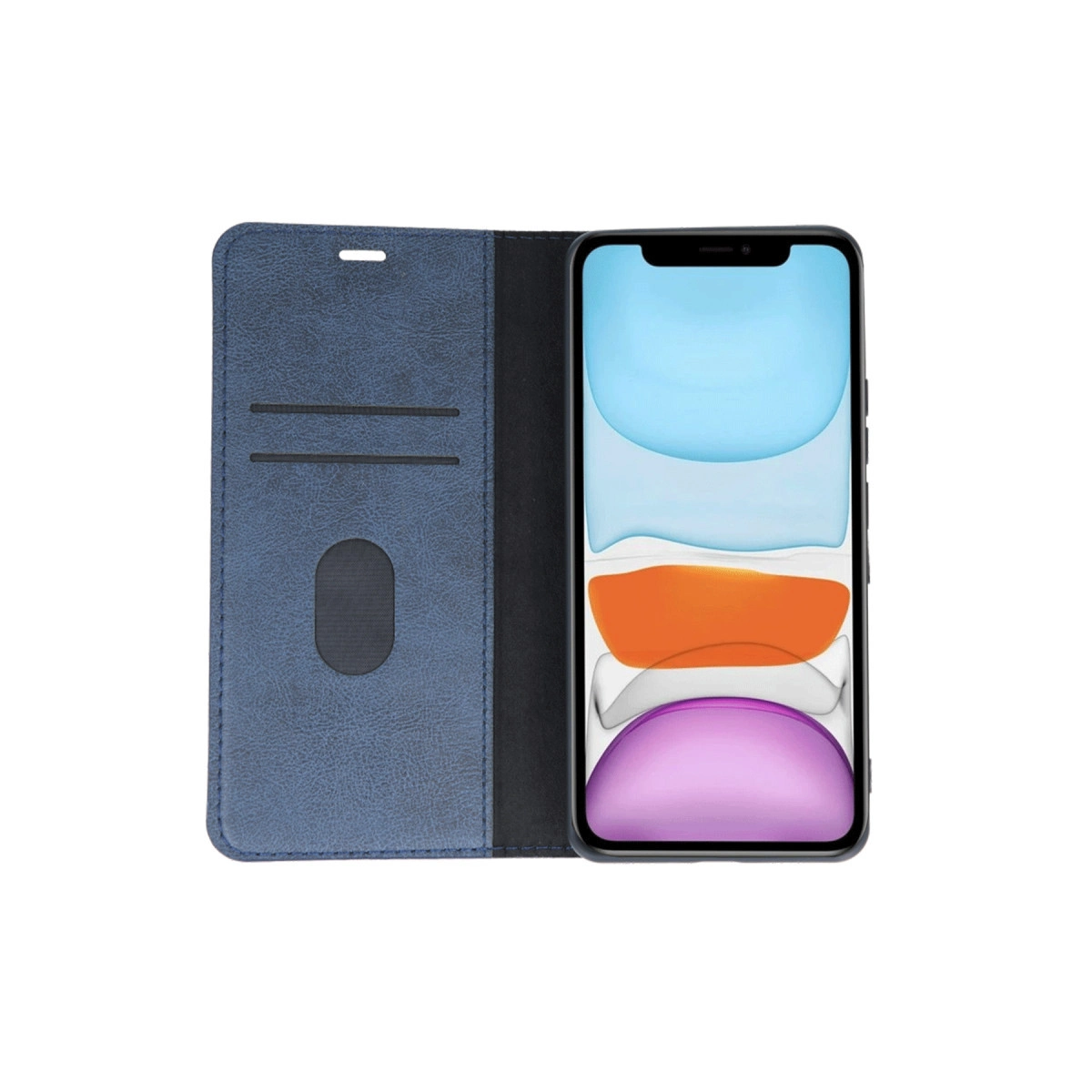 Kart yuvalı mavi telefon kılıfı ve bir akıllı telefon.
