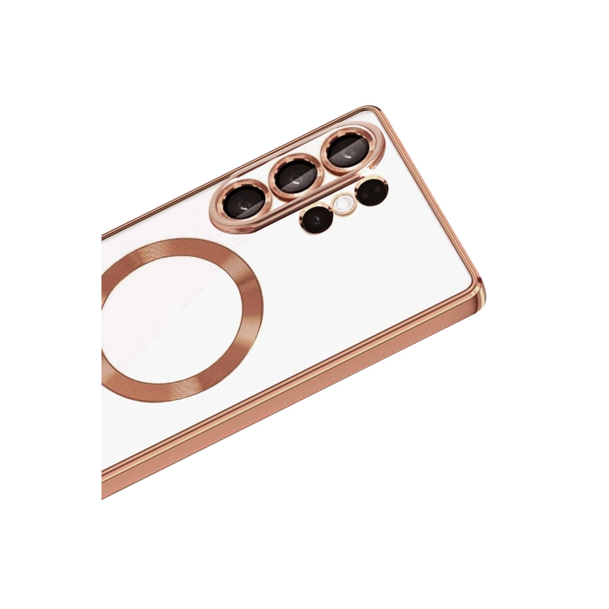 Dört kameralı, rose gold halka tutuculu beyaz telefon kılıfı.