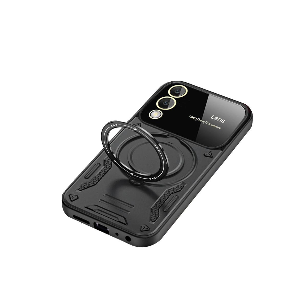 Halka tutuculu ve üç kamera lensli siyah telefon kılıfı.