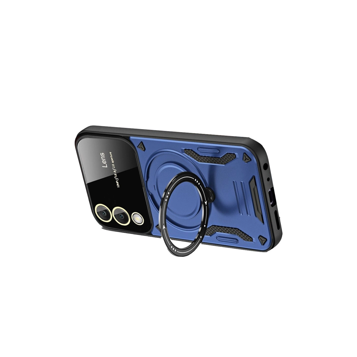 Halka tutuculu ve lens korumalı mavi telefon kılıfı, beyaz arka plan.