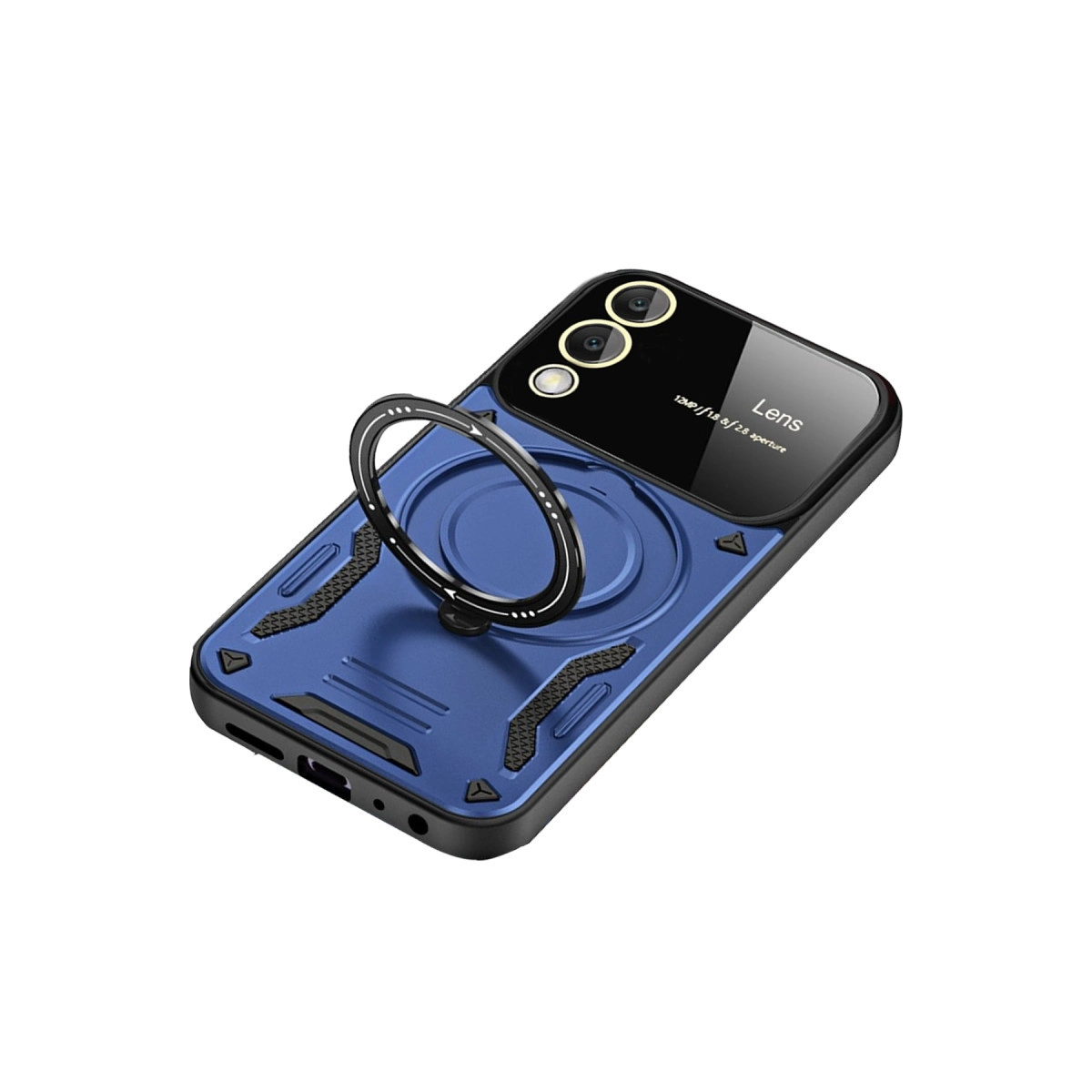 Halka tutuculu mavi telefon kılıfı ve kamera koruması.