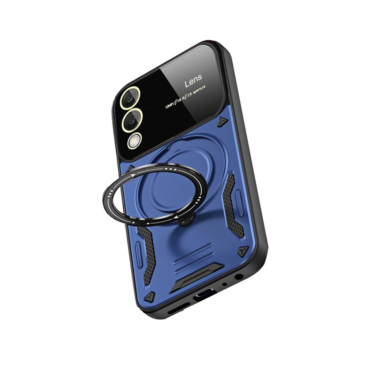 Halka tutuculu ve kamera lens tasarımlı mavi telefon kılıfı.