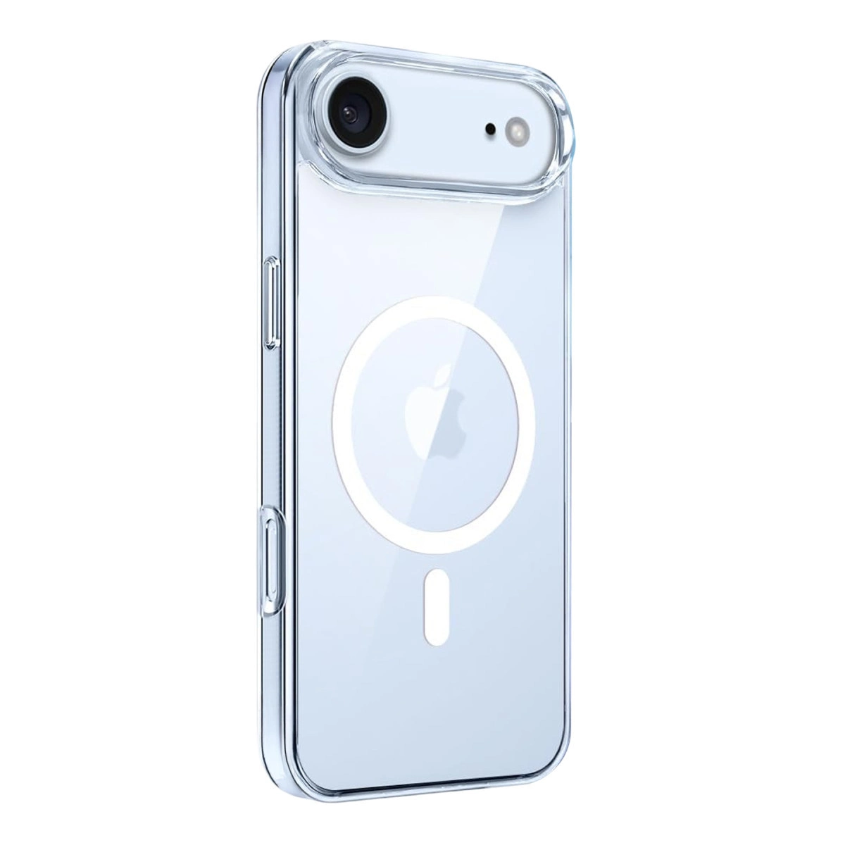 Kamera ve Apple logosunu gösteren şeffaf telefon kılıfı.