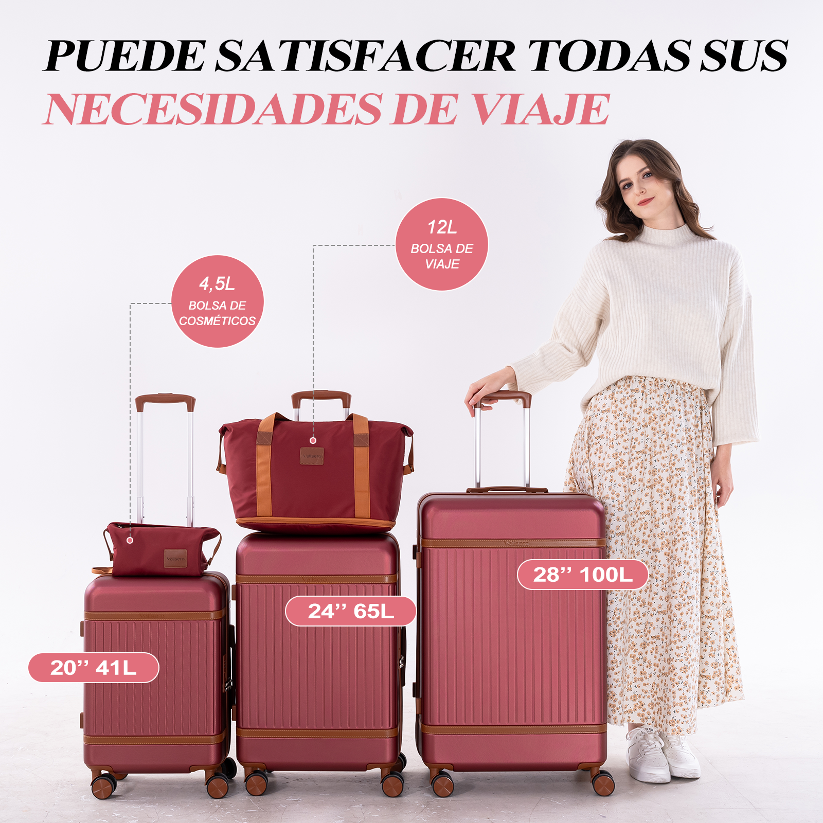 Una mujer junto a tres maletas rosas y una bolsa de viaje. Se ven detalles de tamaño.