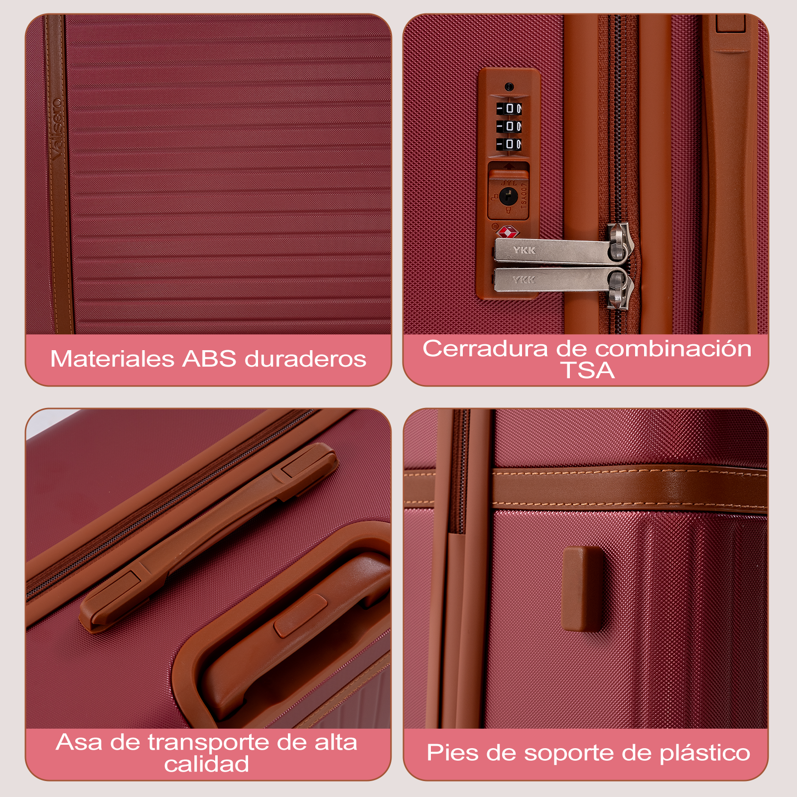 Detalles de maleta roja: material ABS, cerradura TSA, asa, pies.