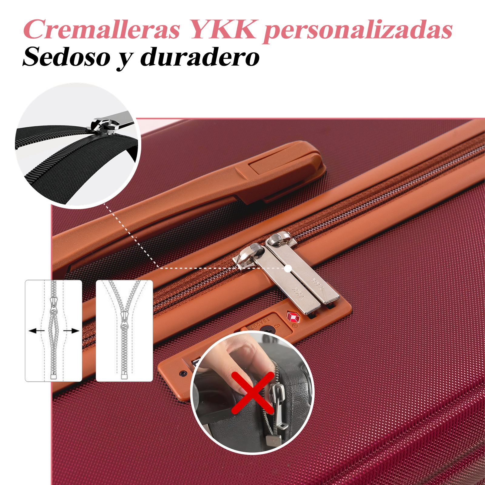 Primer plano de una maleta roja con cremalleras YKK y cerradura TSA.