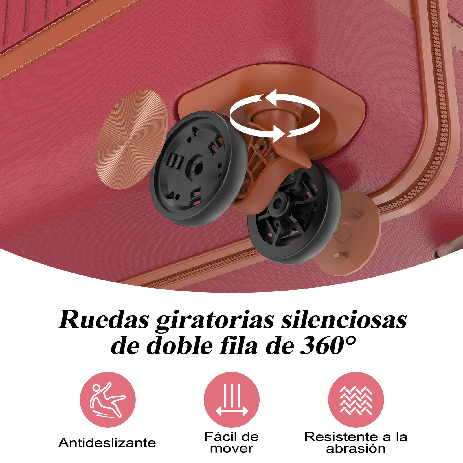 Primer plano de ruedas gris oscuro en una maleta roja con flechas de rotación 360.