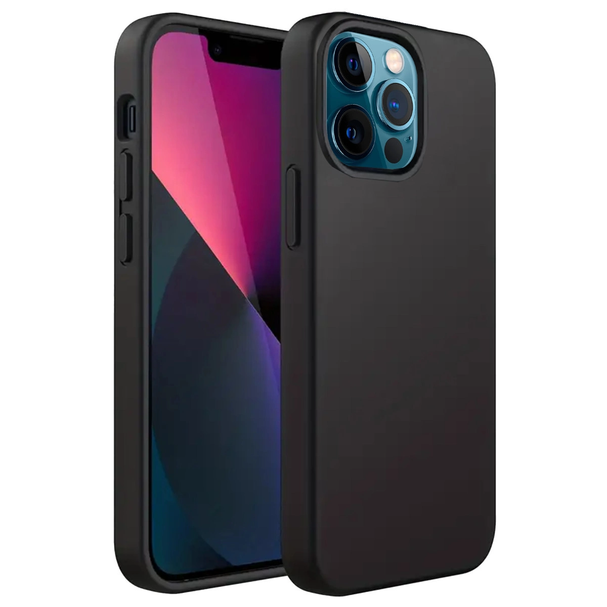 Kamera ve pembe ekranlı telefon içeren siyah telefon kılıfı.