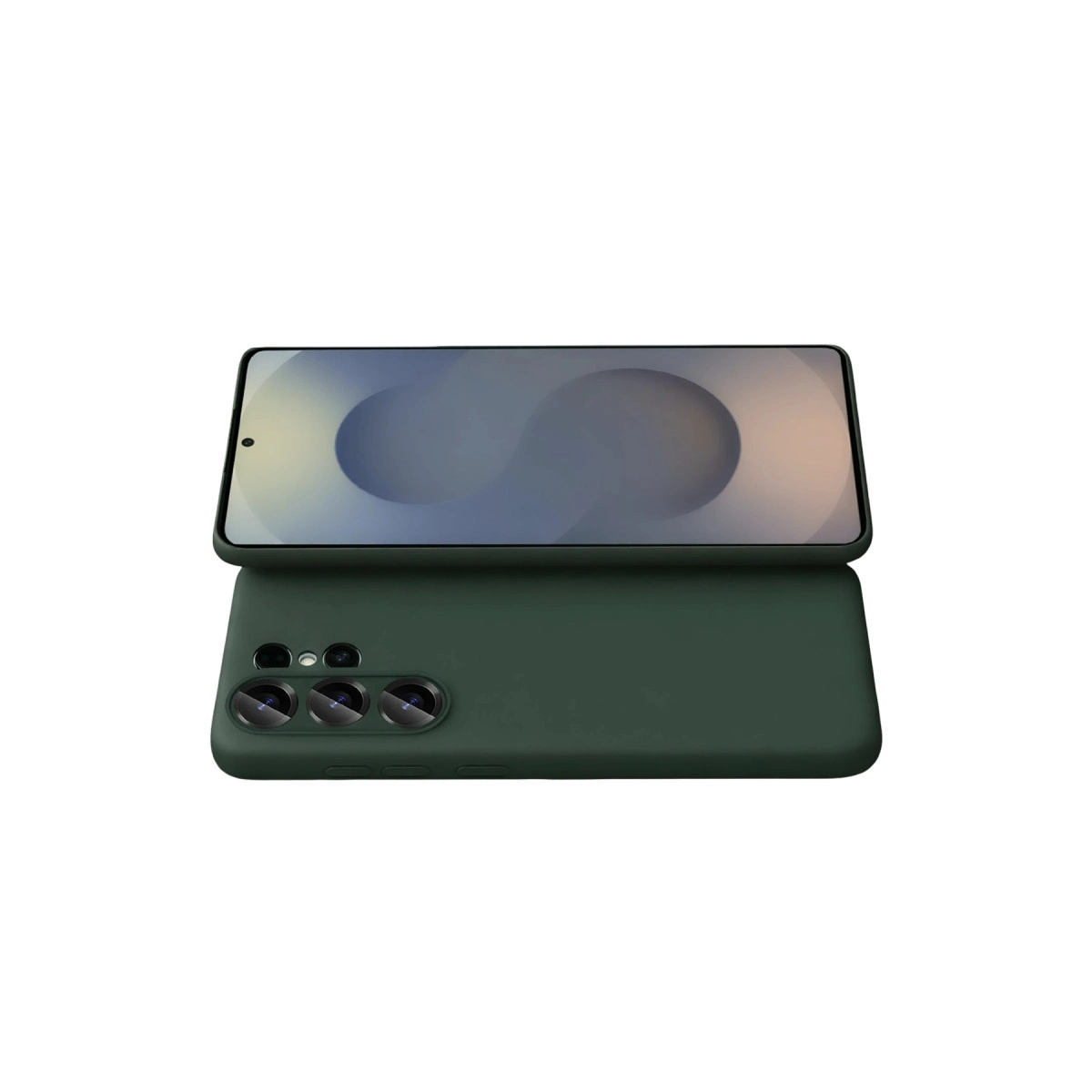 Akıllı telefonlu koyu yeşil bir telefon kılıfı gösterilmektedir. Telefonun kamera dizilimi vardır.