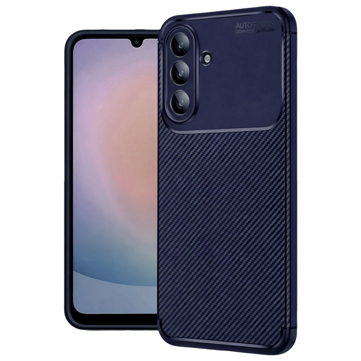 Karbon desenli ve kamera modüllü lacivert telefon kılıfı.