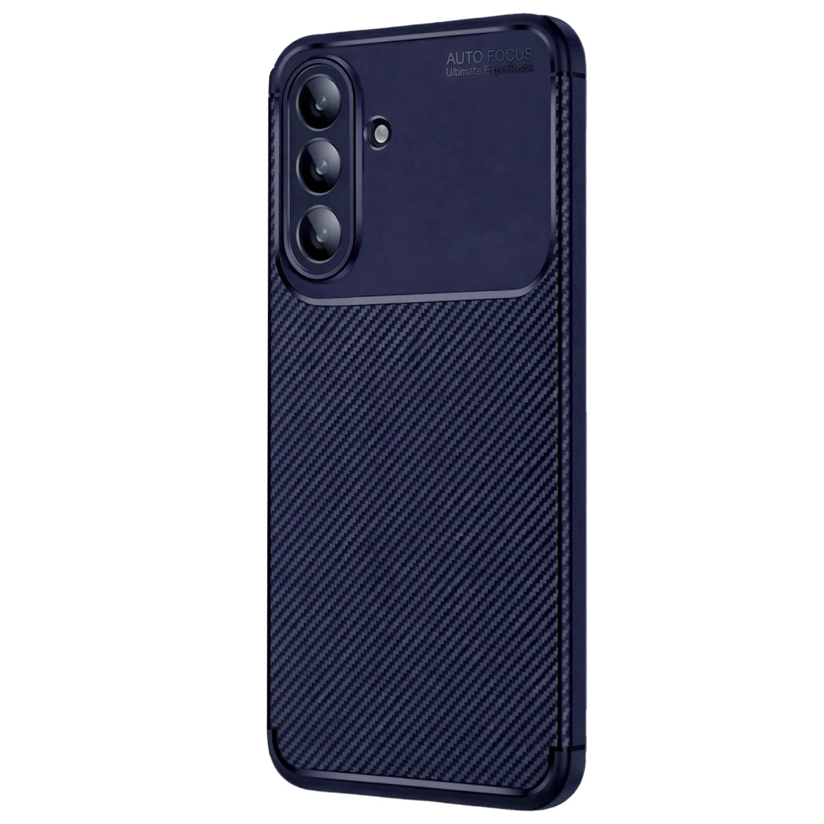 Karbon fiber dokulu, üç kameralı lacivert telefon kılıfı.
