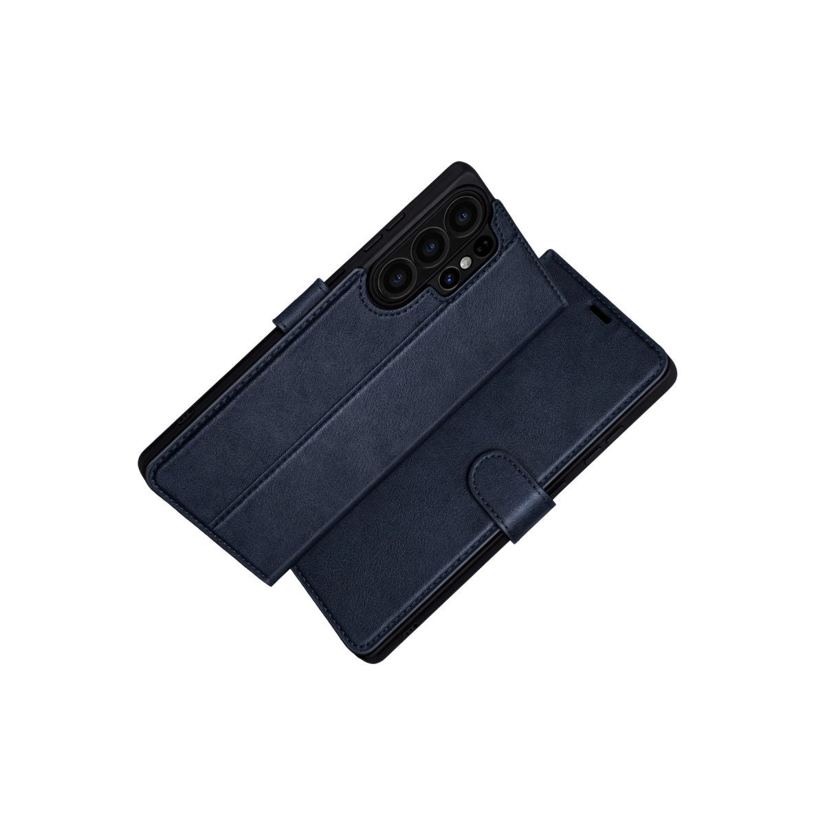 Çok kameralı akıllı telefon için lacivert deri kapaklı kılıf.