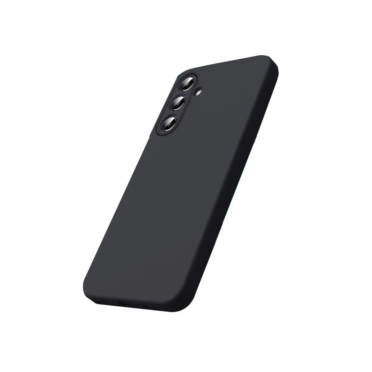 Üç kamera lensli siyah telefon kılıfı, beyaz arka plan üzerinde.