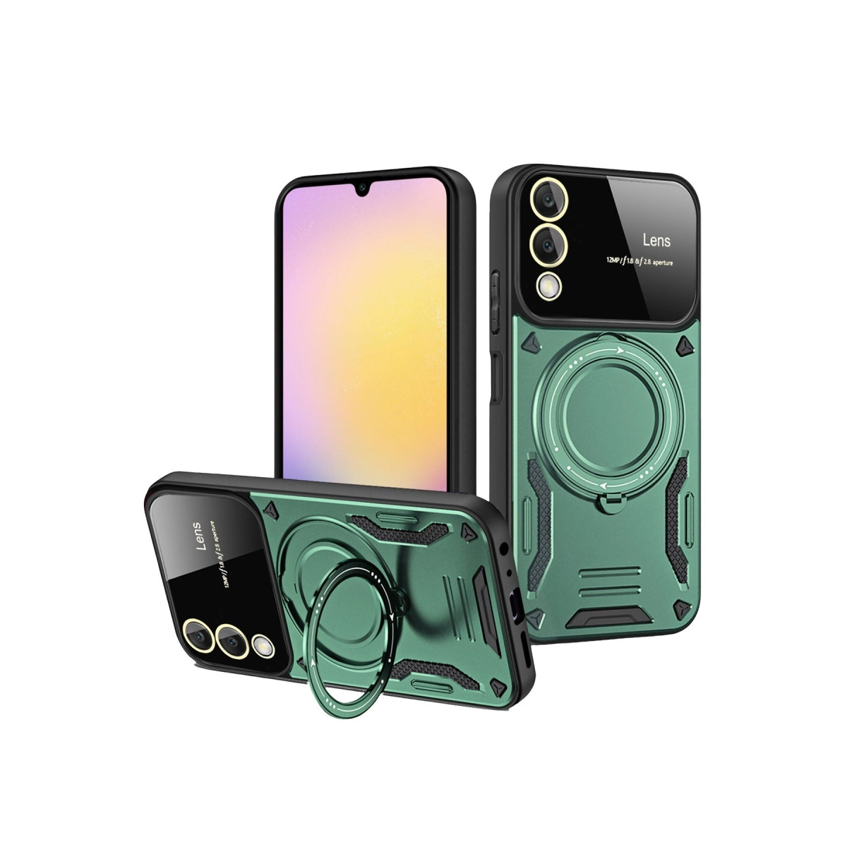 Halka tutuculu ve kamera lens detaylı üç yeşil telefon kılıfı.