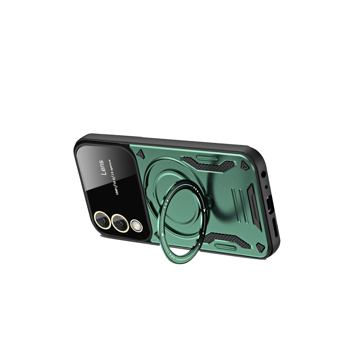Halka tutuculu ve lens kapaklı yeşil telefon kılıfı.