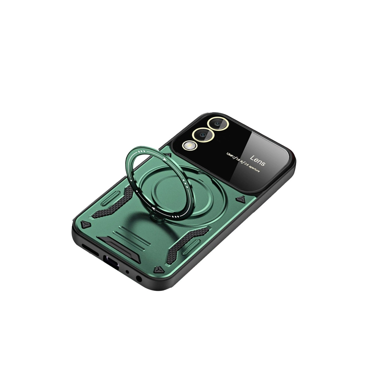 Halka tutuculu ve lens korumalı yeşil telefon kılıfı. Beyaz arka plan.