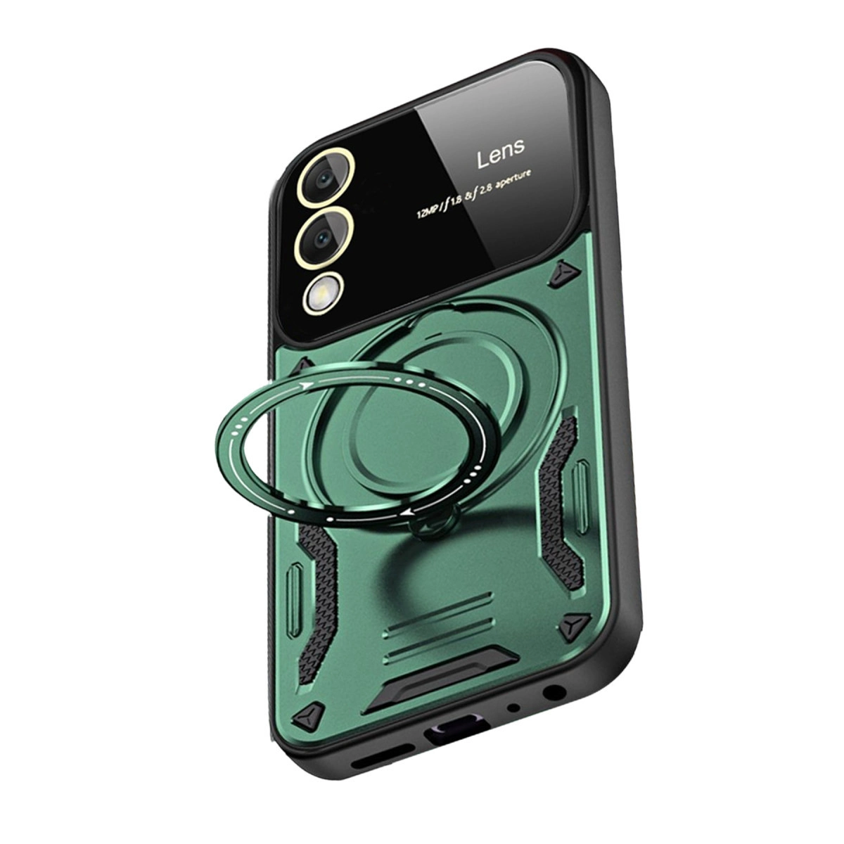 Halka tutuculu ve üçlü kamera lensli yeşil telefon kılıfı.