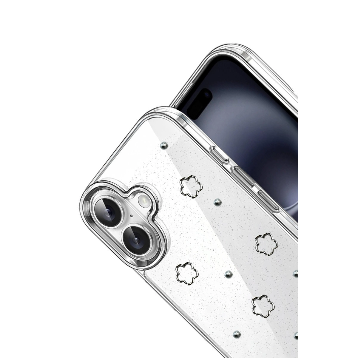Çiçek desenli ve simli şeffaf telefon kılıfı.